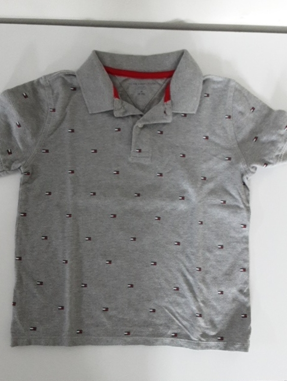 Tommy Hilfiger Gray Polo with Red Trim and Micro Flag Embroidery